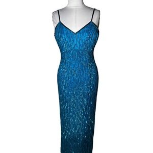 Vintage Laurence Kazar Sequin Maxi Dress Blue Beaded Silk Gown